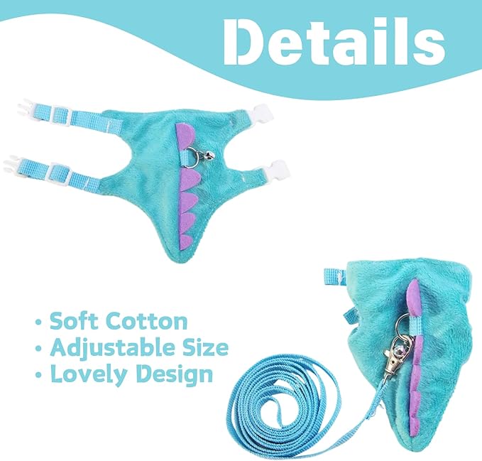 Ferret Harness and Leash Set Cute Dinosaur Design Soft Mesh Small Pet Harness Vest with Safe Bell Walking Clothes for Small Animals Ferret Rabbit Guinea Pig Squirrels (Blue)