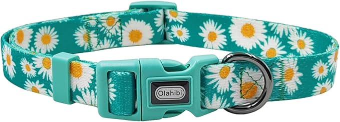 Dog Collar and Leash Set, Cute Daisy Pattern, Polyester Material, 5ft Leash, for Small Dogs.(Small,Green Daisy)