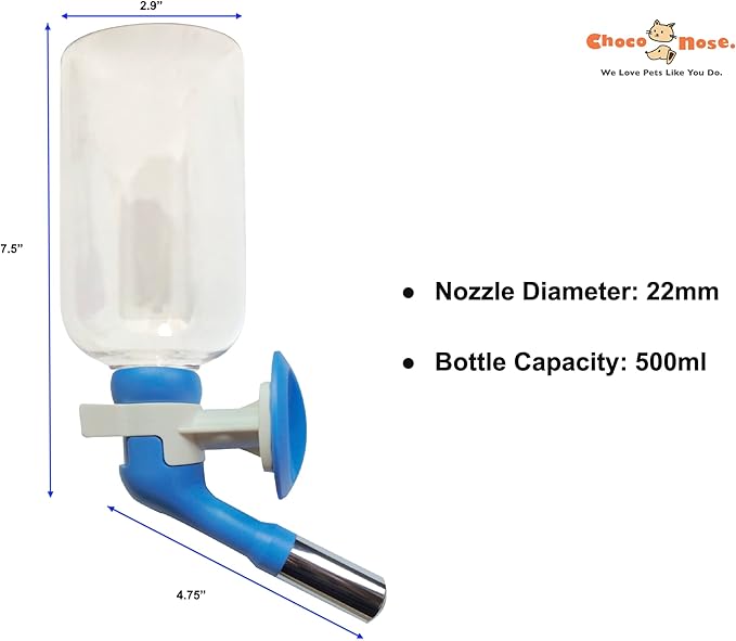Choco Nose No-Drip Water Bottle for Large Dogs (Over 50 lb) – Leak-Proof Patented 22mm Nozzle Helps Prevent Mess & Spills, BPA Free Cage & Crate Mount Feeder for Kennels, 16.9 fl oz (C570)