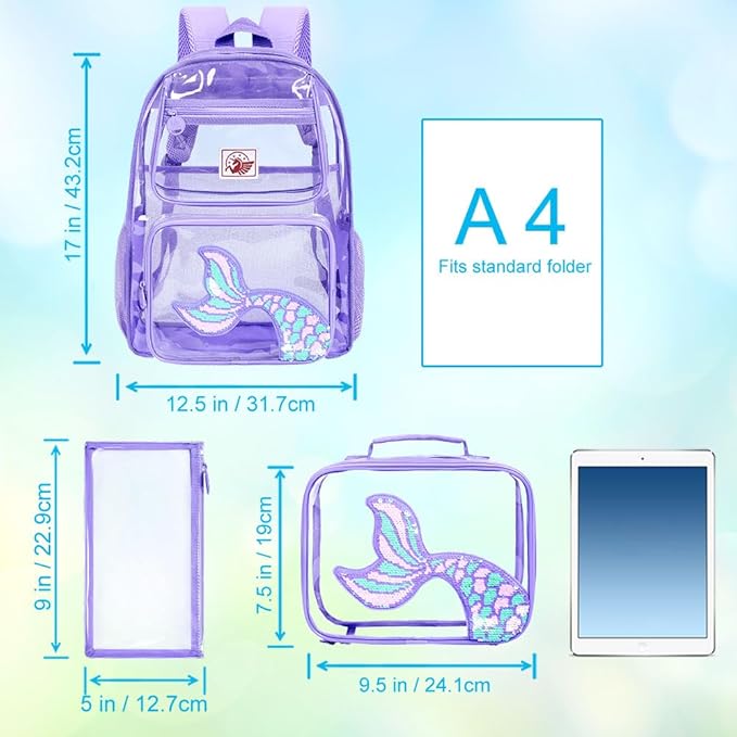 AGSDON 3PCS Clear Backpack for Girls, Kids Mermaid Transparent Backpack with Heavy Duty PVC, See Through Backpacks with Lunch Bag-Purple