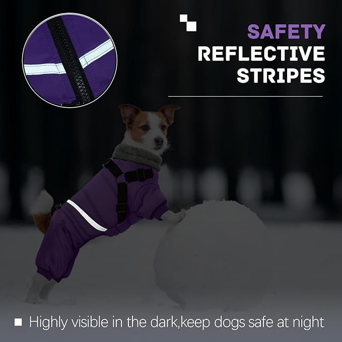 BRKURLEG Purple Dog Coat with Harness, Dog Winter Jacket, Dogs Onesie Body Warm Jackets, Small Dogs Winter Coats Reflective Windproof Warm Cold Weather Coats, Pet Waterproof Jackets, S
