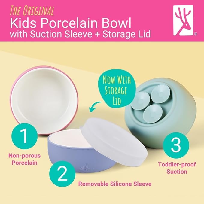 Elk and Friends Kids Porcelain Bowls with Silicone Suction Sleeves | Lids Included | Suitable for Babies/Toddlers | Microwave & Dishwasher Safe | Stay Put Dinnerware | Snack Dishes | 4 Pack