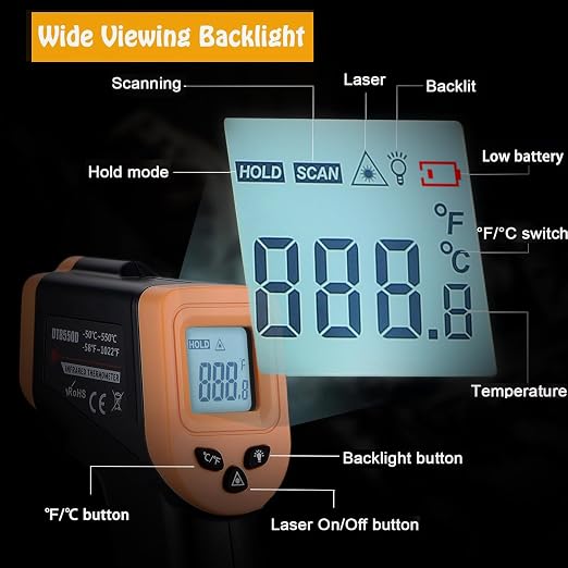 Pizza Oven Thermometer Gun for Cooking, Infrared Thermometer for Griddle | -58℉~1022℉ OnniOne Non Contact Blackstone Griddle Accessories for Grilling with Hard Carrying Bag LCD Backlit (NOT for Human)