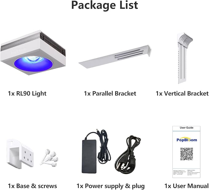 PopBIoom RL90 WiFi LED Aquarium Light, Reef Aquarium Lighting Full Spectrum for Marine SPS LPS Corals Saltwater Fish Tanks, APP Fully Programmable (RL90 with Arm Kit)