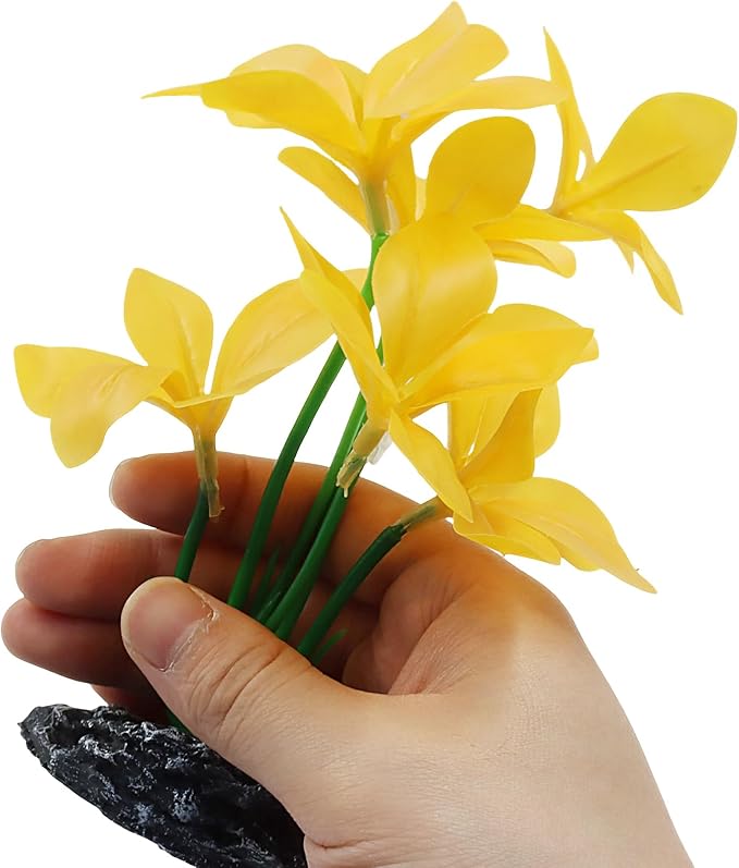 Aquarium Plants Fish Tank Decorations 6.69 Inch Artificial Plastic Plants with Weighted Base, Soft Silk Leaves Realistic Design for Betta Fish Reptile Tank Habitat Decor (Yellow Type-A)