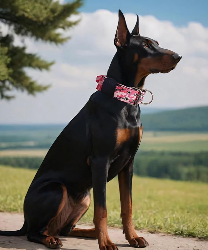 Dog Collar for Large Dogs - 2" Wide Tactical Collars with Handle for Extra Large Breed Dogs, Military Heavy Duty 1/3" Thick Nylon Pet Collar Camo Pink M