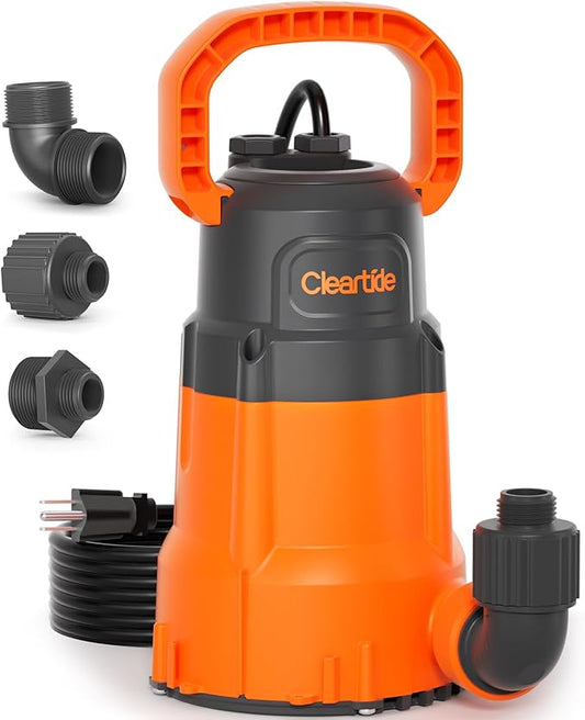 Cleartide Submersible Utility Water Pump, 8160 LPH High Flow, 100% Copper Motor, Thermoplastic Portable Plug & Work, Ideal for Pool, Flooded Basement, Hot Tub, Pond & Garden Draining,10 FT Cord