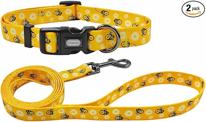 Dog Collar Leash Set, Floral Pattern, Polyester Material, Adjustable Collar and 5ft Matching Leash, for Medium Dogs.(M, Bee Daisy)