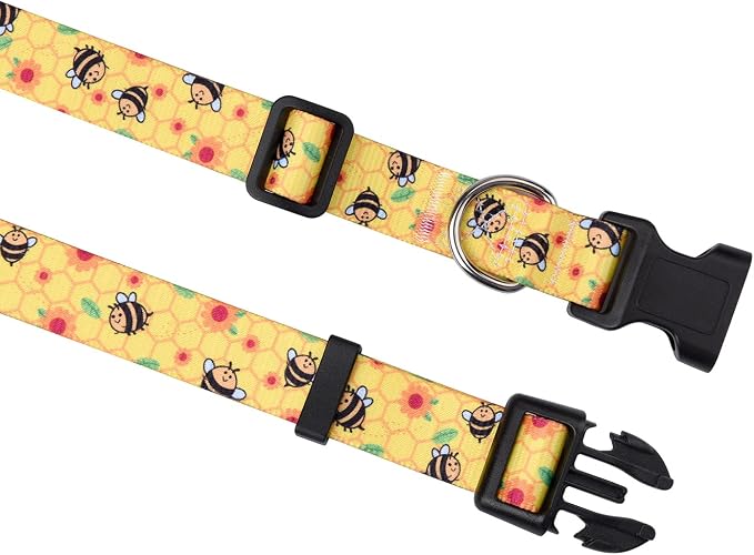 Mihqy Dog Collar and Leash Set with Bohemia Floral Tribal Geometric Patterns - Soft Ethnic Style Collar Adjustable for Small Medium Large Dogs(Bee Set,S)