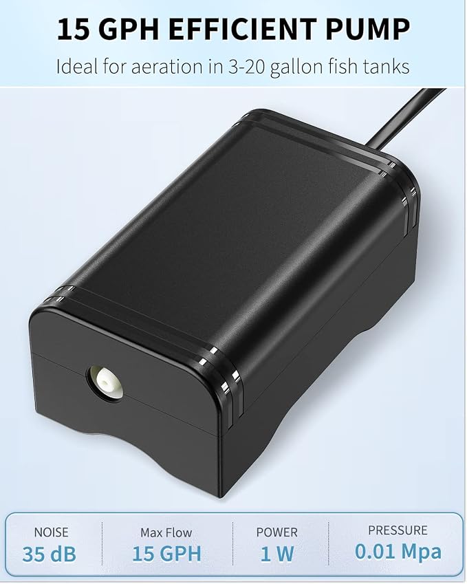 Pawfly Mini Aquarium Air Pump for 3-20 Gallon Nano Fish Tanks 15 GPH Oxygen Aerator Pump with Bracket Airline Tubing Air Stone Control Valve and Check Valve Accessories