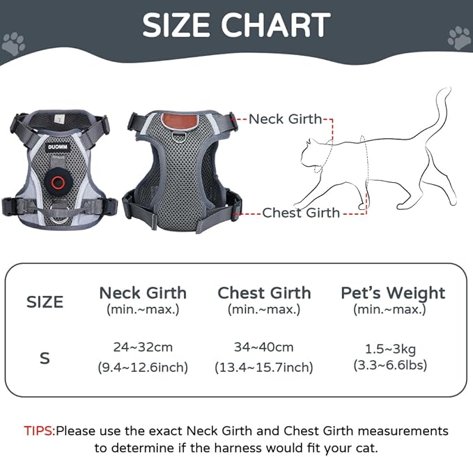Cat Harness and Leash Set with Holder Compatible with AirTag, Escape Proof Kitten Harness with Lead for Small Cats, Soft Mesh Puppy Jacket Vest for Outdoor Walking, Reflective & Adjustable, Grey, S