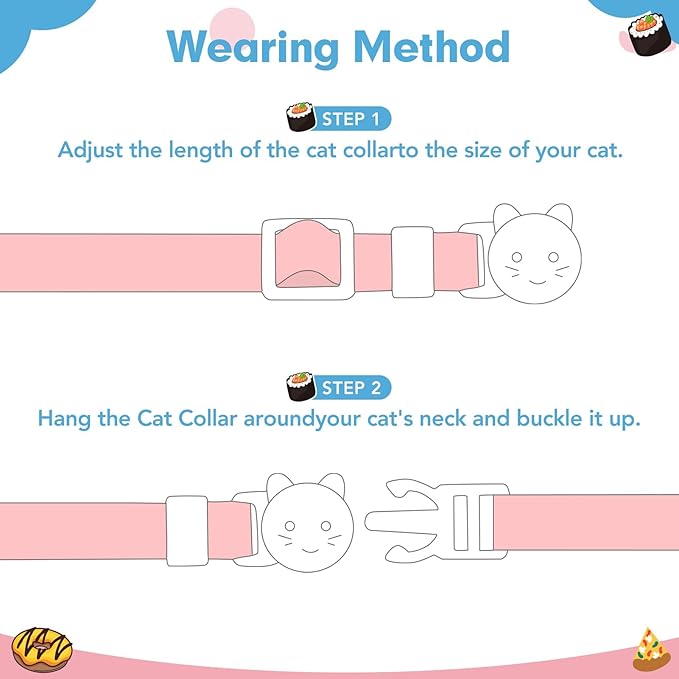 BINGPET Christmas Breakaway Cat Collar with Bell,3 Pack Cat Collars for Girl Cats, Cute Kitty Collars Accessories with Donut & Sushi & Pizzas(Yellow/Pink/Blue)