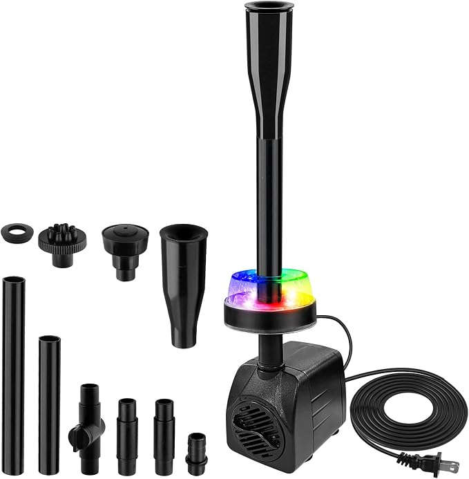 15W 800L/H Submersible Fountain Pump with LED Lights, Adjustable Quiet Water Pump, Pond Fountain Pumps for Water Feature, Garden, Aquarium Fish Tank, Indoor Outdoor Fountain with 3 Type Nozzles