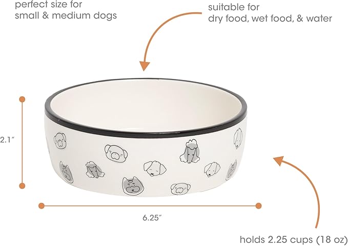 Pearhead Ceramic Dog Faces Dog Bowl, Stoneware Food and Water Dish for Dogs, Heavy Non-Slip Base, Small/Medium 2.25 Cups/ 18 oz