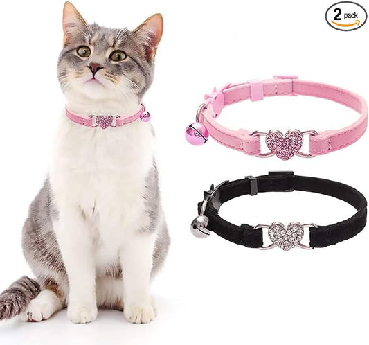 BINGPET Cat Collar Breakaway with Bell, Pack of 2 Heart Bling Collar Safety with Soft Velvet Adjustable for Kittens