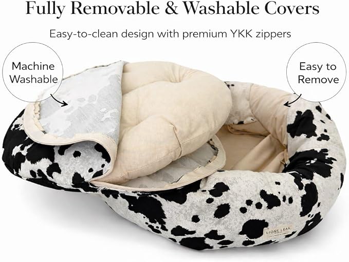 Round Dog Bed – Natural Canvas, Removable Washable Cover, Raw Cotton or Latex Fill, Hypoallergenic Non-Toxic, Made in USA (Cow Print Black White, Small, Firm Support – Raw Cotton)