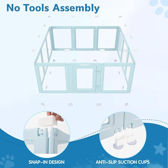 DIY Clear Acrylic Dog Playpen Indoor, Transparent Easy Cleansing Puppy Fence with Suction Cup, Easy-Assemble Indoor Whelping Crate for Small Puppies (23.6" H, 12PCS), Blue