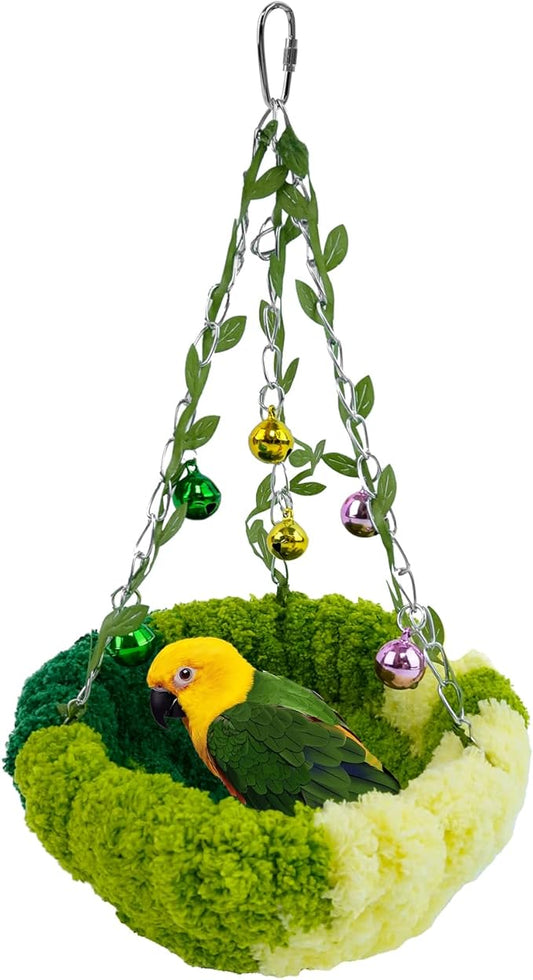 Admaison Bird Nest with Bell for Cage,Plush Hanging Bird Bed for Parakeet Indoor & Outdoor,Breeding Bird House for Conure,Budgie,Cockatiel,Lovebird,Canary,Finch,Hamster,Small Pets,Warm Nest,Green L