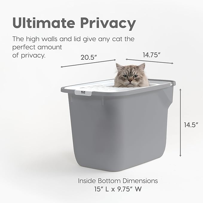 IRIS USA Cat Litter Box Large Top Entry with Lid, Enclosed Litter Box with Litter Catching Lid & Scoop, Covered Cat Litter Box Enclosure for Privacy, High Sided, Gray/White