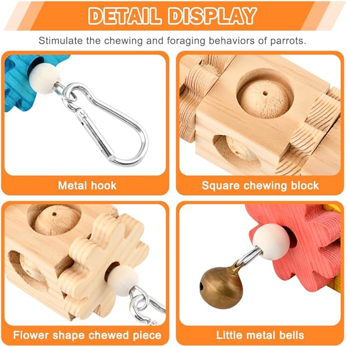 2 Pcs Wooden Bird Chew Toys for Beak Grinding, Hanging Parrot Rotating Wood Block with Bell Parrot Foraging Enrichment Toy for Parakeet, Cockatiel, Conure