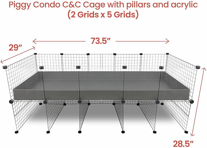 GuineaDad Piggy Condo – Premium C&C Cage with Pillars for Guinea Pigs & Small Animals with Coroplast Base | Acrylic and C&C Grids for Small Pets (Acrylic, XL (29" x 73.5" x 28.5"))