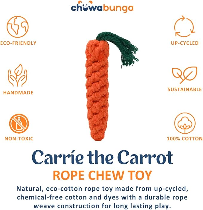 Large Carrot Dog Toy 6.7 Inch Handmade Eco Cotton Rope Dog Toy Carrot Chew Toy for Dogs - Made with Natural, Non-Toxic Dyes - Carrot Toy is Great for Puppy Teething Toys and Cats (Orange)