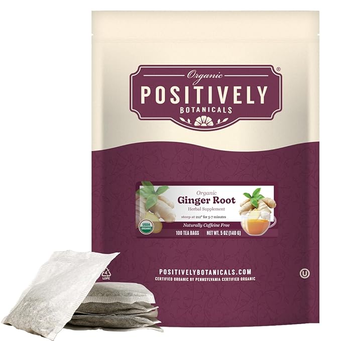 Organic Positively Botanicals Company, Ginger Root Herbal Tea Bags, 100 Count, Eco-Friendly Tea Bags, Non-GMO