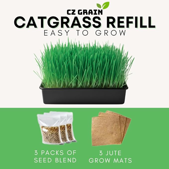 Cat Grass Grow Refill - Holiday Cat Lover Gift - Organic Seed, Jute Grow Mats, 10 x 10 Grow Container - Great for Indoor/Outdoor Cat, Dogs & Pets - Pet Grass (3X Jute Pads and Seeds Refill Kit)