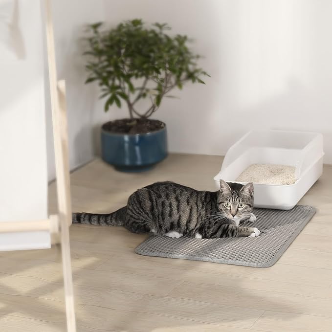 Cat Litter Trapping Mat, 24"x18" Universal Fit Litter Box Floor Mat, Hexagon Grids & Anti-Leak Base, Machine Washable, Non-Slip Kitty Mat for Most Homes, Gray