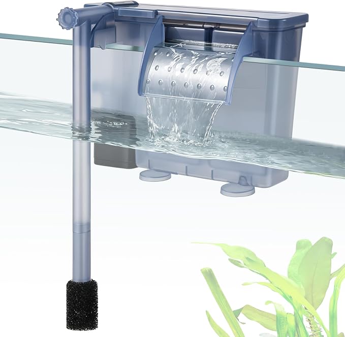 5W Hang-on Aquarium Filter, 124GPH Quiet Fish Tank Filter with Filter Sponge and Activated Carbon, Adjustable Waterfall Filter for 10-25 Gallon Fish Tank