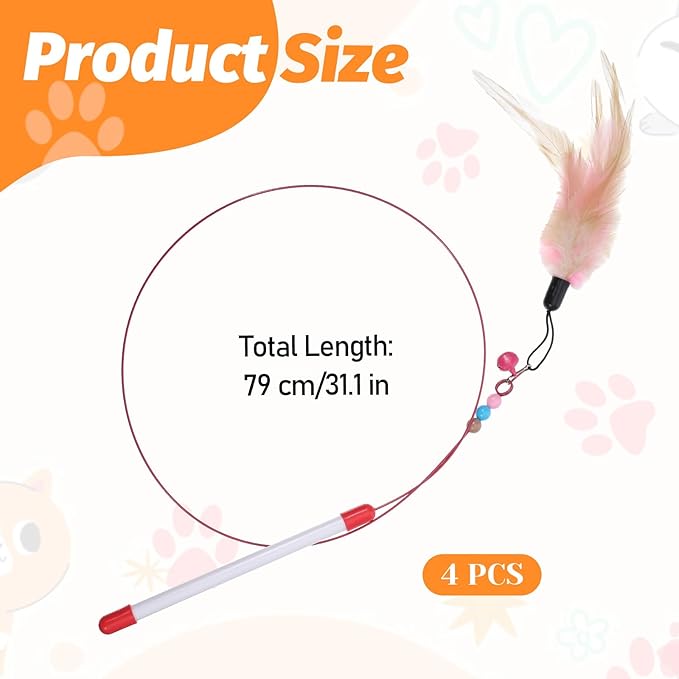 Cat Feather Toy, 4PCS Cat Toys for Indoor Cats Interactive Cat-Feather Wand Cats Feather Toys for Bored Indoor-Cat Chase and Exercise