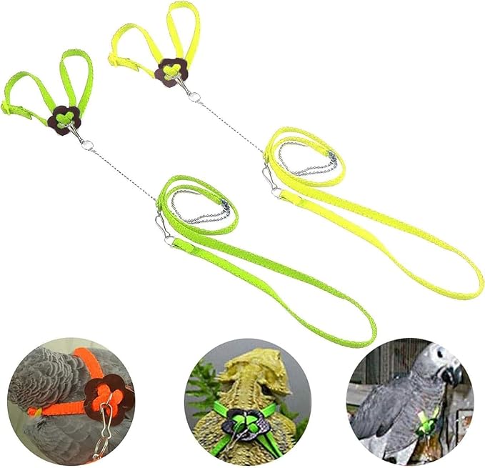 Adjustable Harness Leash for Birds 2Pack Nylon Anti-bite Outdoor Training Walking Control Rope for Parrot African Grey Cockatoo Macaw Ringneck Parakeet Cockatiel Reptile Lizard (Yellow+Green)