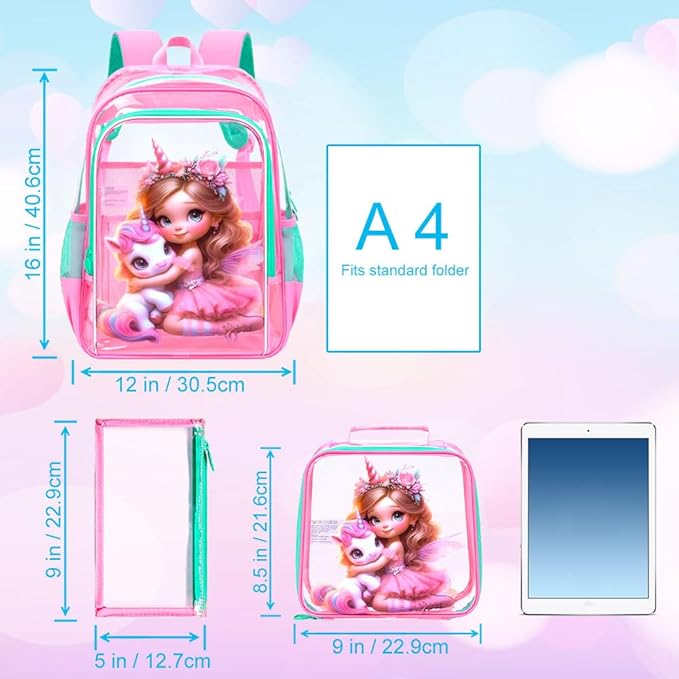 Clear Backpack for Girls and Boys, Kids Transparent Bookbag, 3PCS Cute See Through School Bag for Elementary Prechool