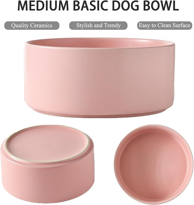 Ceramic Set of 2 Dog Bowls - Classic Dogs Food & Water Bowl for Small and Medium Breed, Heavy-Duty Non-Slip Dog Dishes, Food Grade Pet Bowl, Dishwasher & Microwave Safe (6'', 2 * 30OZ, Pink)
