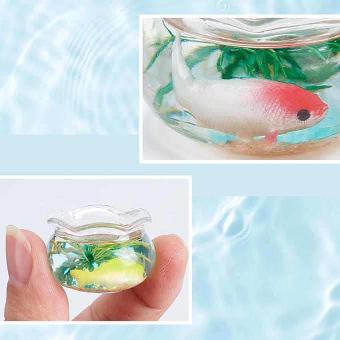 SUNNYCLUE 5Pcs 5 Styles Miniature Fish Tank Dollhouse Fish Bowl Plastic Simulated Round Goldfishes Grass Bowls Tanks Mini Display Decorations Accessories for Desktops Garden Scene Decors DIY Crafts