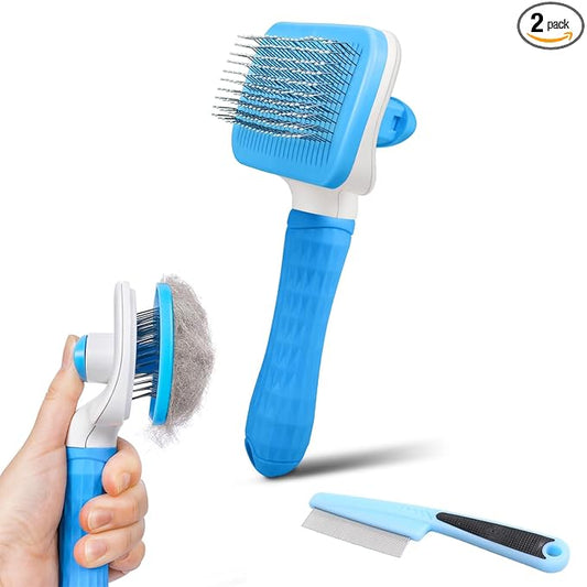 Dog & Cat Brush Kit 2PCS, Self Cleaning Slicker Brush for Pets, Upgraded Dog Brush for Shedding Massaging and Grooming, Removes Loose Undercoat & Portable Comb for Long Short Haired Dogs(Blue)