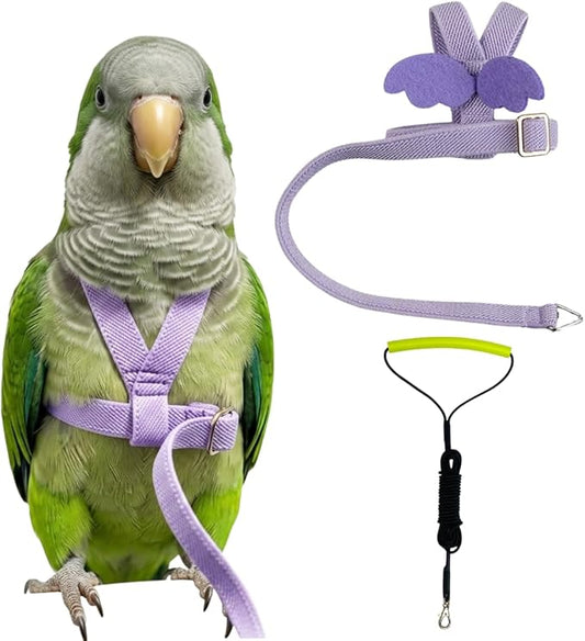 Adjustable Bird Harness with Elastic Leash, Pet Parrot Harness and Leash, Adjustable Training Design Anti-Bite, Bird Nylon Rope with Cute Wing for Conure (Purple,L)
