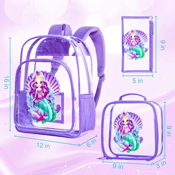 AGSDON 3PCS Clear Backpack for Girls, Kids Mermaid Transparent Bookbag Heavy Duty, Cute See Through Backpacks with Lunch Bag - Purple
