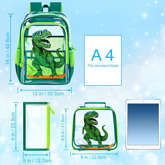 AGSDON 3PCS Clear Backpack for Boys, 16" Dinosaur Transparent Bookbag Heavy Duty, See Through Backpacks with Lunch Bag- Green Dinosaur