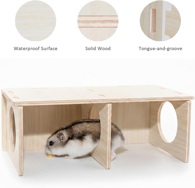 Hamster Peep Tunnel, 2-Chamber Wooden Hamster Hideout, Water-Resistant Platform for Dwarf Hamsters and Small Pets, 8.3" x 4.3" x 3.1"