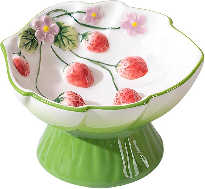 PawsPik Strawberry Blooms Elevated Ceramic Cat Bowl – Raised Cat Food Bowl with 15° Tilt, Whisker-Friendly Pet Feeding Bowl, Anti-Choking Dish, Dishwasher Safe (Green)