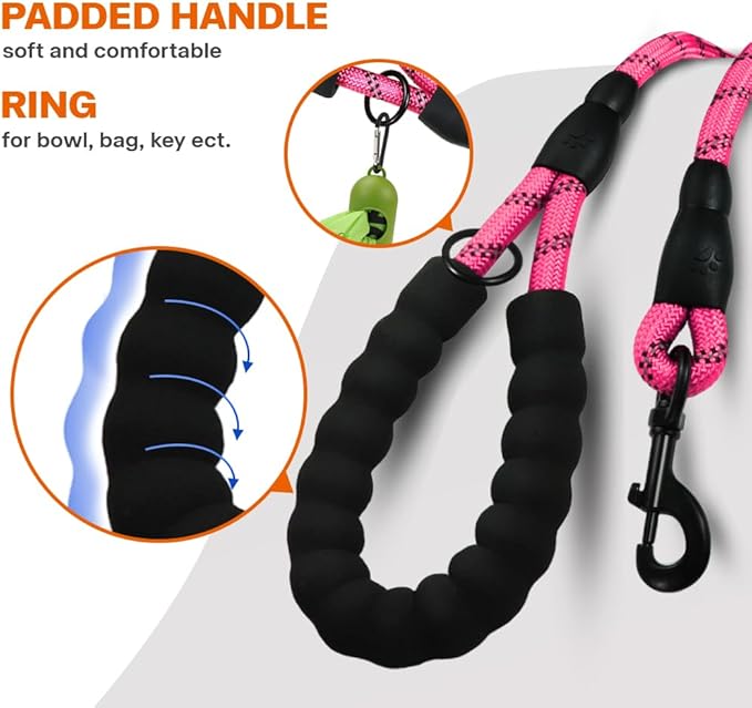 Taglory Rope Dog Leash 4 FT with Comfortable Padded Handle, Highly Reflective Threads Leash and Anti-Tangle Clip for Walking Small Dogs, 3/8 inch, Pink