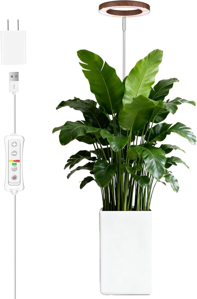 Grow Light for Large Indoor Plants, Full Spectrum LED Plant Light, Height Adjustable for Tall Plants, Auto On/Off Timer, 5V Safe Low Voltage Walnut Grain Grow Lamp for Home & Office