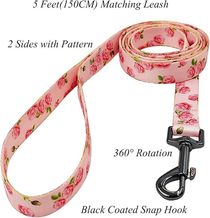 Dog Collar Leash Set, Floral Pattern, Polyester Material, Adjustable Collar and 5ft Matching Leash, for Small Dogs.(S, Pink Rose)