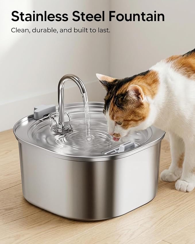 PEKTACO Cat Water Fountain, 3.2L/108oz Stainless Steel Pet Water Fountain for Cats Indoor, Dog Drinking Dispenser Metal Kitty Spout with 3 Filters+ 3 Sponges