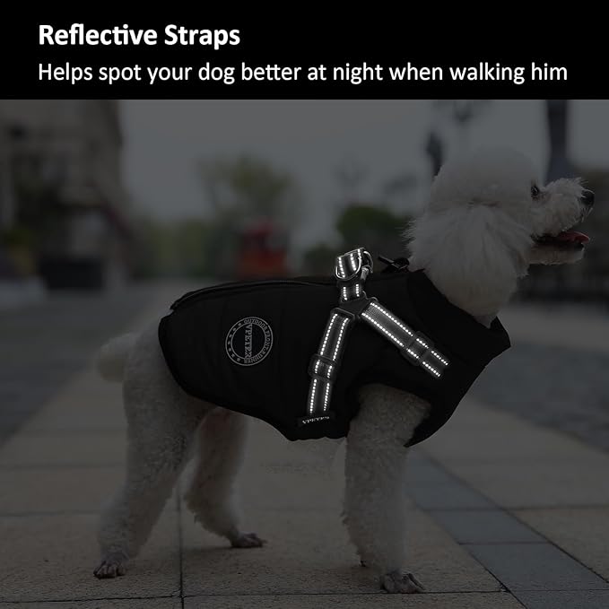 Dog Winter Coat, Warm Jacket Paded Fleece Vest with Built in Harness, Waterproof Windproof Reflective Cozy Adjustable Snow Pet Coat Clothes with Zipper for Dogs