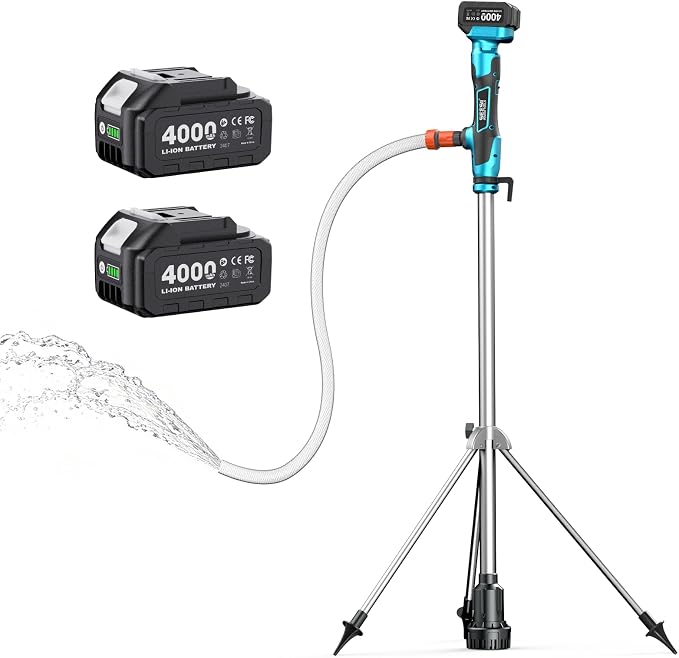 SEESII Cordless Stick Water Transfer Pump, with Tripod Stand Hands-Free | 720GPH & 32FT Lift, 2×4.0Ah Batteries, Portable Design, Fast Drain Pool, Rain Barrel, Basement, Boat Bilge & Irrigate Garden