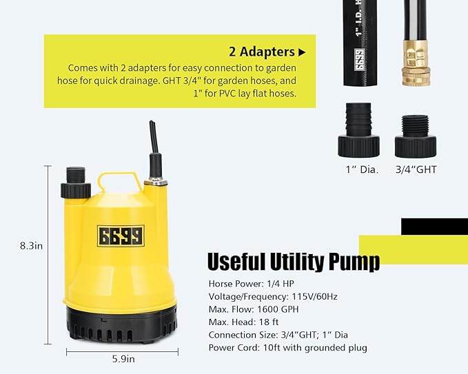 Submersible Water Pump 1/4 HP 1600GPH Thermoplastic Utility Pump Electric Portable Transfer Water Pump with 10-Foot Cord for Pool Tub Garden Pond Draining