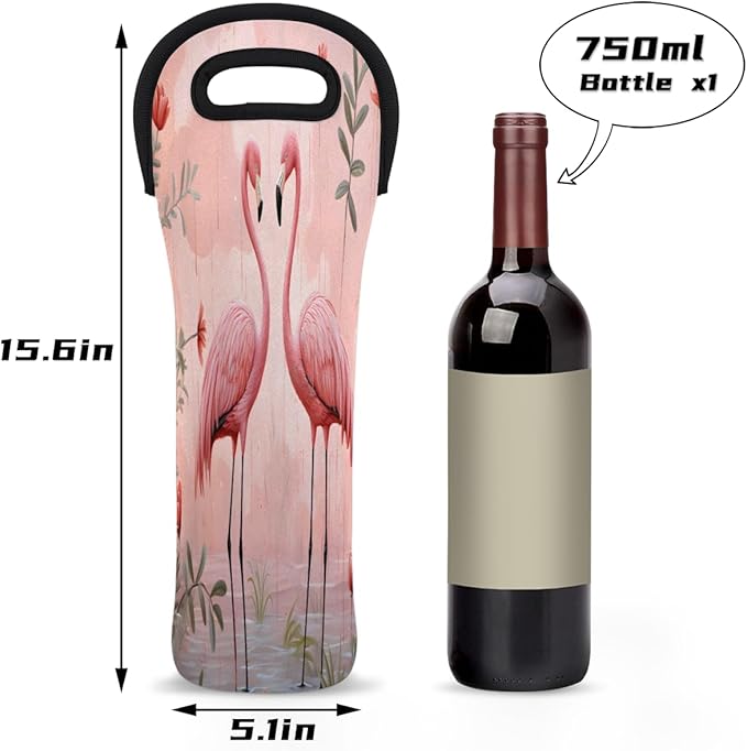 Tropical Bird Flamingo Wine Bag Single Bottle Wine Tote Bag Neoprene Wine Carrier Bags with Carry Handle Portable Wine Bottle Holder for Travel Party Picnic