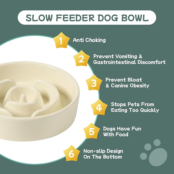 Havniva Ceramic 0.9 Cup Raised Dog Slow Feeder Set, Elevated Bowl with Wooden Stand for Small Dog and Cat, 6.1inch Puzzle Slow Dog Food Dish, Anti-Gulping(Light Yellow, Single Bowl+ Stand)